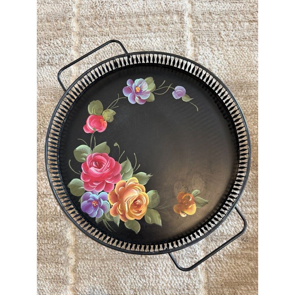 Vintage Hand Painted Toleware Metal Serving Tray Floral Roses Fine Arts Studio